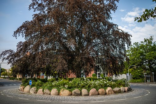 Roundabout in Frederiksberg, Denmark.\nFrederiksberg is an autonomous municipality within Copenhagen. The population is just above 100000 people in  8.7 km².
