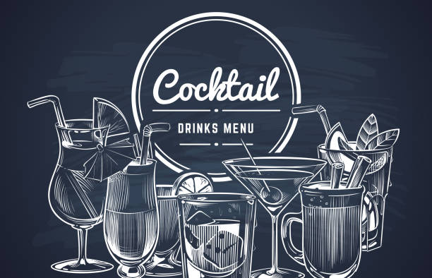 ilustrações, clipart, desenhos animados e ícones de fundo do cocktail do esboço. o cocktail desenhado mão do álcool bebe o menu da barra, bebidas bebendo frias do restaurante ajustadas. projeto do vetor - beer backgrounds alcohol glass