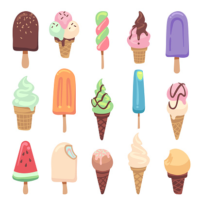 Ice cream flat. Cute kids frozen creamy desserts and sundae. Waffles cones vanilla, ice lolly scoops cake. Colorful cartoon vector creamed chocolate and milk brown yellow green and red popsicle set