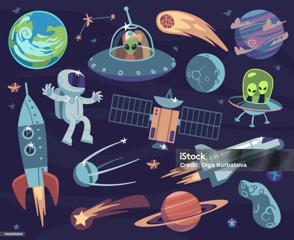 Ilustración de Conjunto De Espacio De Dibujos Animados Astronautas Lindos Y  Alienígenas Ufo Planetas Satélite Y Estrellas Meteorito Y Nave Espacial  Niños Fondos De Pantalla Vector Imprimir y más Vectores Libres de