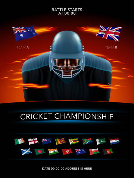 Vector illustration for cricket tournament. Cricket player and flags of countries Vector illustration for cricket tournament. Cricket player and flags of countries in game announcement banner rugby bookies free bonus stock illustrations