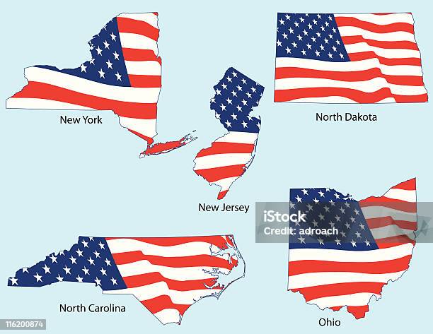 Cinco Estados Com Bandeiras - Arte vetorial de stock e mais imagens de Carolina do Norte - Estado dos EUA - Carolina do Norte - Estado dos EUA, Bandeira dos Estados Unidos da América, 4 de Julho