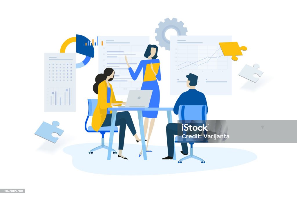 Flat design concept of meeting, business presentation, training, annual report Vector illustration for website banner, marketing material, business presentation, online advertising. Business stock vector