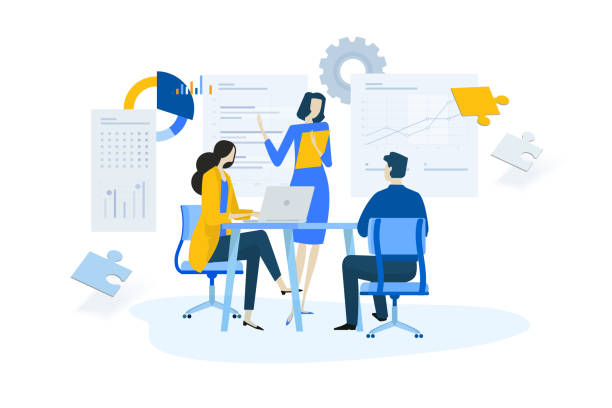 Flat design concept of meeting, business presentation, training, annual report Vector illustration for website banner, marketing material, business presentation, online advertising. business computer technology stock illustrations