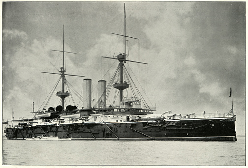 Vintage photograph of HMS Royal Sovereign was the lead ship of the seven ships in her class of pre-dreadnought battleships built for the Royal Navy in the 1890s.
