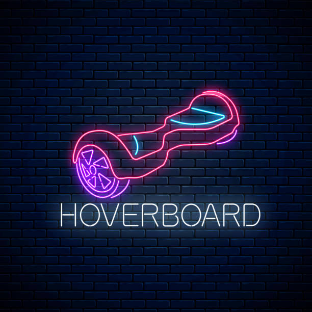 stockillustraties, clipart, cartoons en iconen met gloeiende neon teken van zelfbalancerende hoverboard. tweewielige gyroscooter eco transport. vector illustratie. - zelfbalancerend board