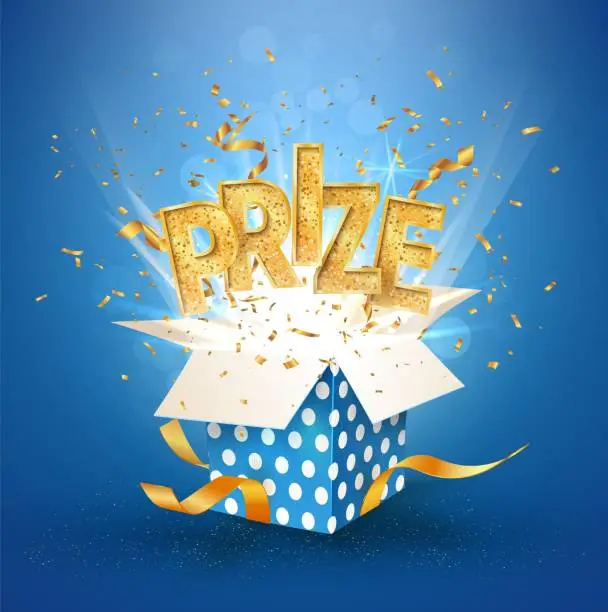 Vector illustration of PRIZE gold text. Open textured blue box with confetti explosion inside and golden winning word. Flying particles from giftbox vector illustration on blue background