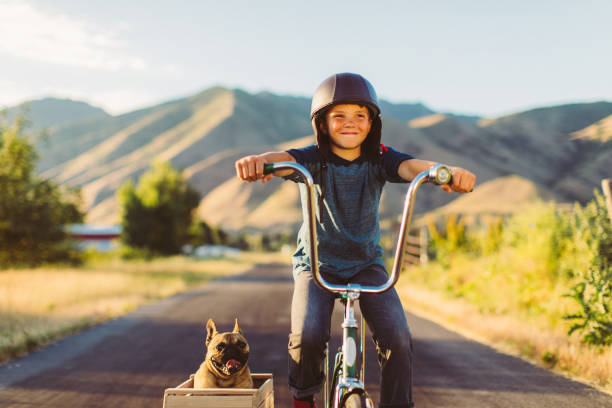 Boy Riding Bicycle with Dog in Side Car A young boy with vintage clothing and motorcycle helmet rides his stingray bicycle with his pet and best friend French Bulldog riding along in a side car in Utah, USA. Sometimes a road trip journey with your best friend and some fresh air in your face is the best medicine for the soul. sidecar photos stock pictures, royalty-free photos & images