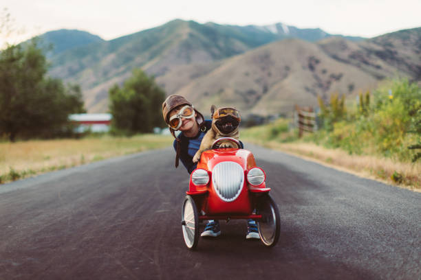 istock Boy and Dog in Toy Racing Car 1162019441