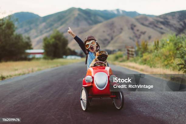 Junge Und Hund In Spielzeug Racing Car Stockfoto und mehr Bilder von Kind - Kind, Auto, Humor