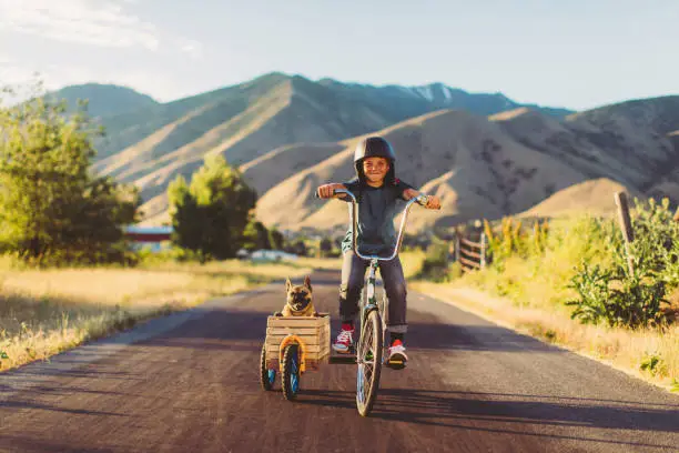 A young boy with vintage clothing and motorcycle helmet rides his stingray bicycle with his pet and best friend French Bulldog riding along in a side car in Utah, USA. Sometimes a road trip journey with your best friend and some fresh air in your face is the best medicine for the soul.