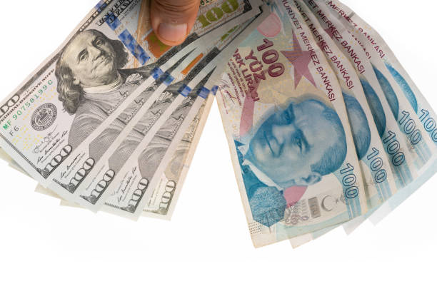 100 turkish liras and  dollars - tl imagens e fotografias de stock