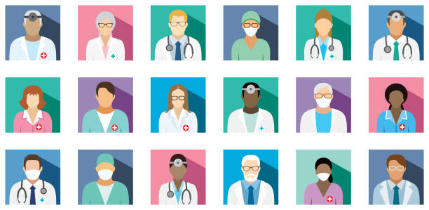 ilustrações, clipart, desenhos animados e ícones de equipe de funcionários médica-jogo de ícones quadrados lisos. - pharmacy symbol surgery computer icon