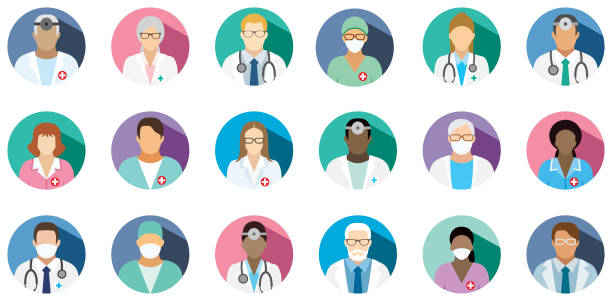 ilustraciones, imágenes clip art, dibujos animados e iconos de stock de personal médico - conjunto de iconos redondos planos. - scientist chemist doctor lab coat