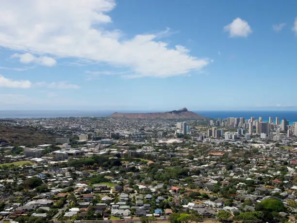 Aerial view of Diamondhead, Kapahulu, Kahala, Pacific ocean on Oahu, Hawaii. June 2015.