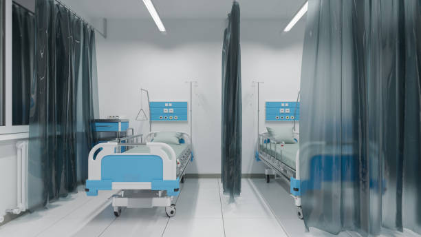 istock Patient Beds Separated by Curtains with Nighttime Outside 1162028814