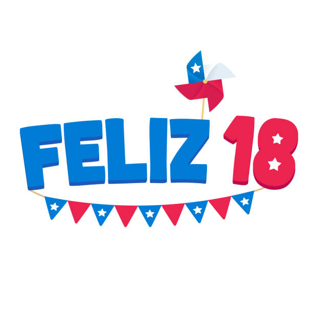 Happy 18 Festivities Homelandes Chile Feliz 18 de Septiembre, Spanish for Happy September 18. Celebrating national holiday Dieciocho or Fiestas Patrias, Independence Day of Chile. Text with Chilean flag pennant and pinwheel, vector design illustration. red pennant stock illustrations