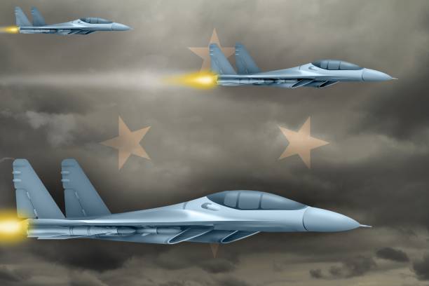 istock Micronesia air forces strike concept. Air planes attack on Micronesia flag background. 3d Illustration 1162034389