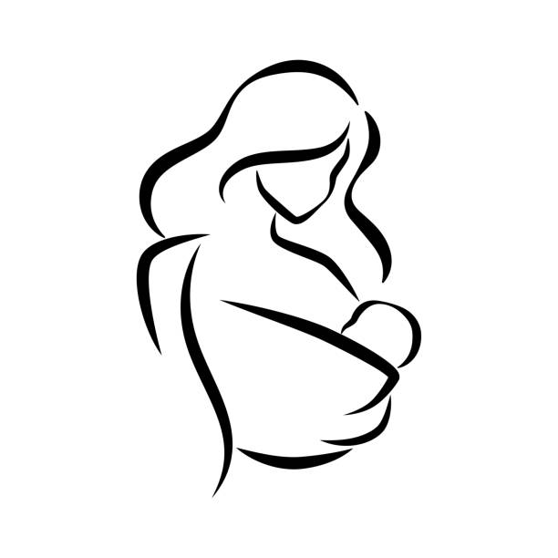 ilustraciones, imágenes clip art, dibujos animados e iconos de stock de madre con niño en el símbolo vectorial de la honda del bebé en líneas simples, logotipo, icono, - holding baby illustrations