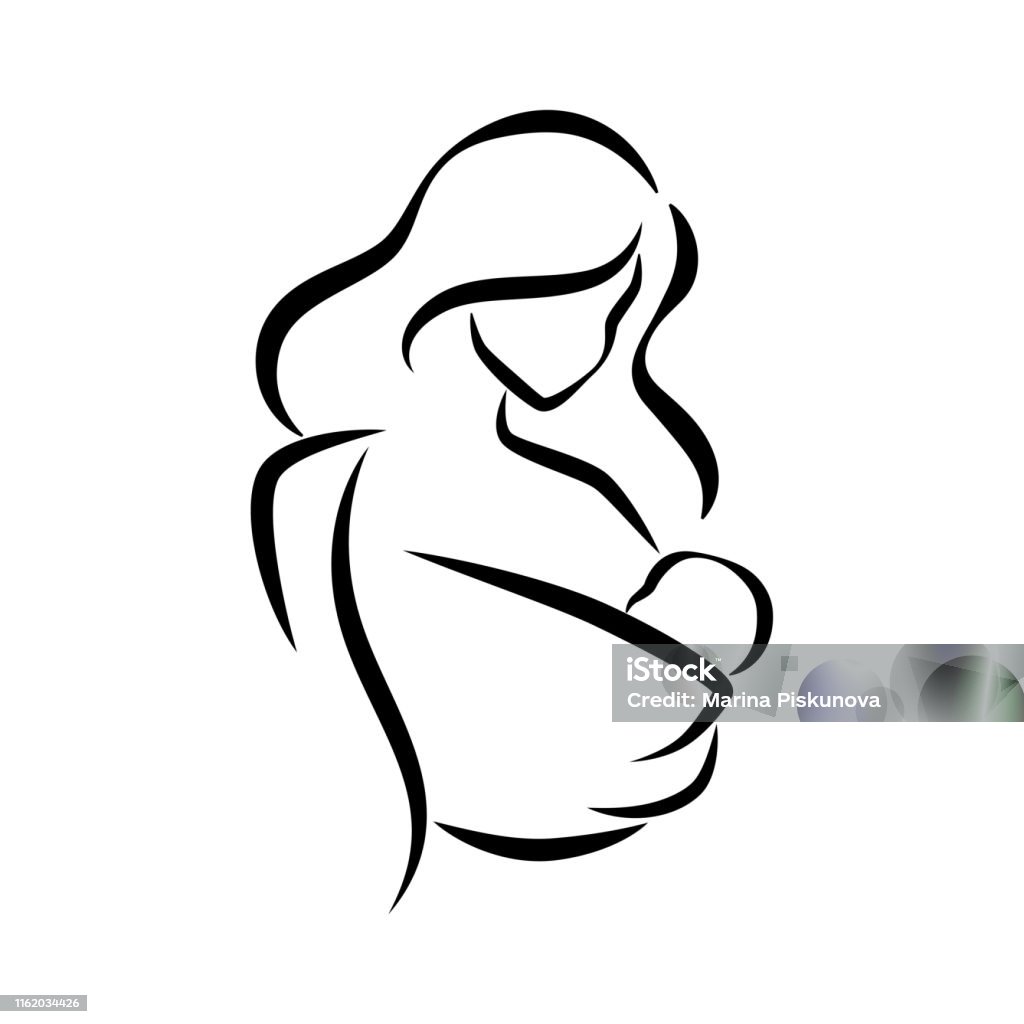 Mother With Child In Baby Sling Vector Symbol In Simple Lines Logo ...