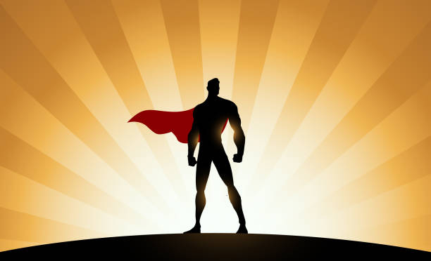 ilustrações, clipart, desenhos animados e ícones de silhueta do super-herói do vetor com fundo do efeito do sunburst - heroes