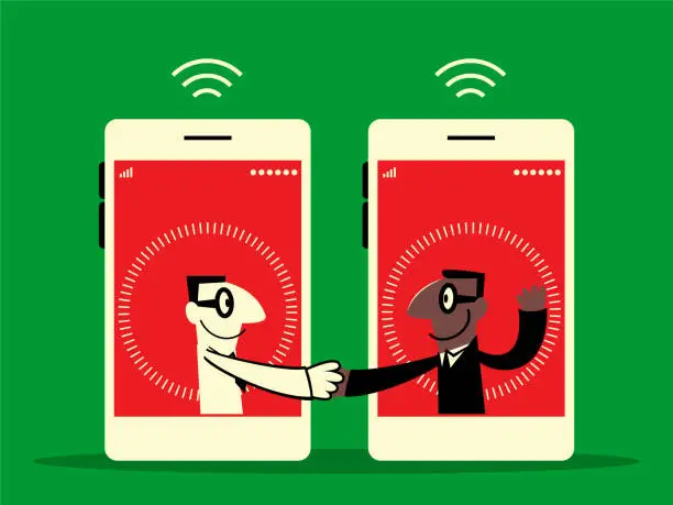 Vector illustration of Two businessmen from mobile phone meeting with a handshake