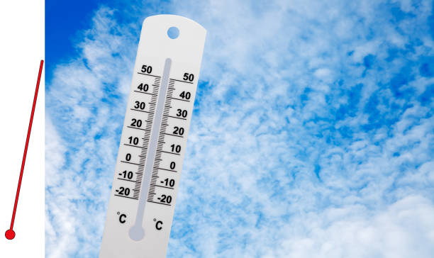 istock white street thermometer with a red mercury. against the sky with clouds 1162044589