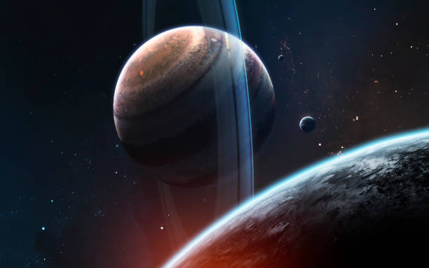 Ringed gas giant planet somewhere in deep space. Awesome science fiction render. Elements of this image furnished by NASA