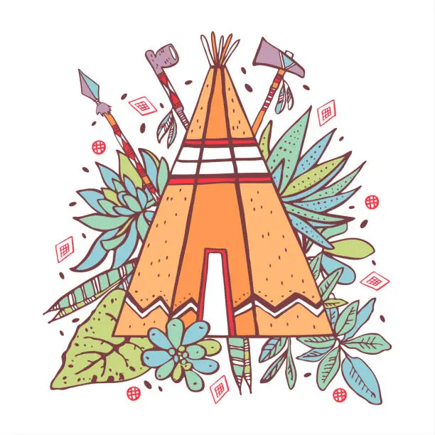 Vector illustration of Native American tipi with succulents, plants and weapons on background. Vector hand drawn outline color doodle sketch illustration