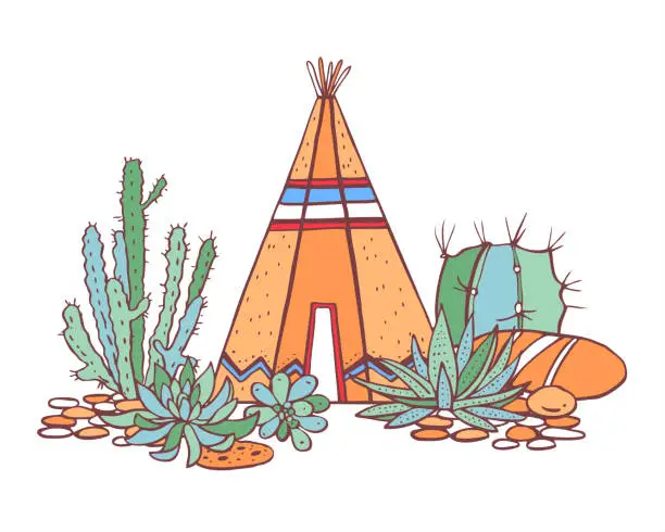 Vector illustration of Native American indians traditional wigwam, succulents and cactuses. Vector hand drawn color outline doodle sketch illustration