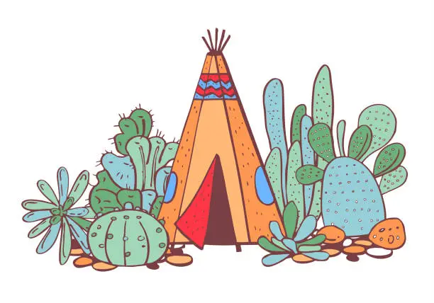 Vector illustration of Native American indians traditional tipi, succulents and cactuses. Vector hand drawn color outline doodle sketch illustration