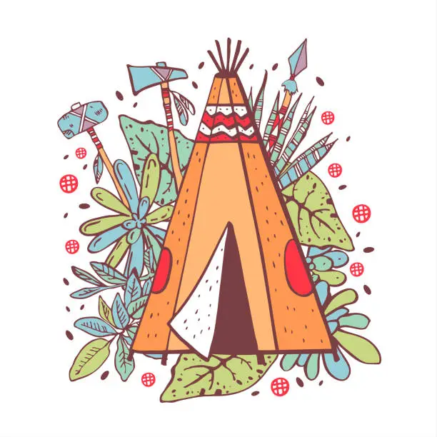 Vector illustration of Native American wigwam with succulents, flowers and weapons on background. Vector hand drawn outline color doodle sketch illustration