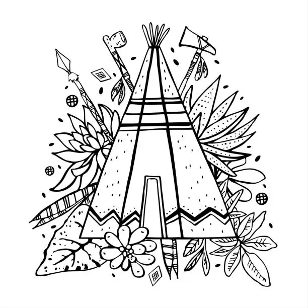 Vector illustration of Native American tipi with succulents, plants and weapons on background. Vector hand drawn outline doodle sketch illustration