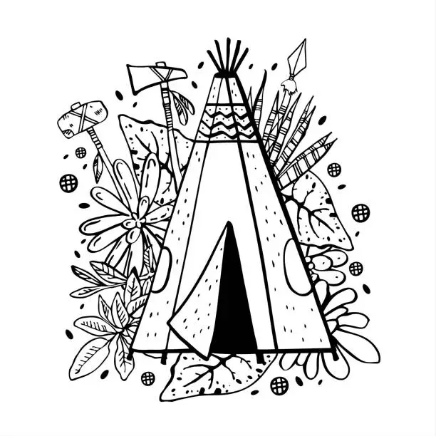 Vector illustration of Native American wigwam with succulents, flowers and weapons on background. Vector hand drawn outline doodle sketch illustration