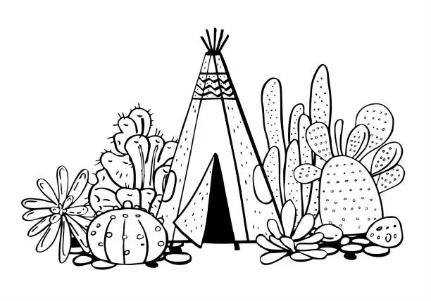 Vector illustration of Native American indians traditional tipi, succulents and cactuses. Vector hand drawn outline doodle sketch illustration