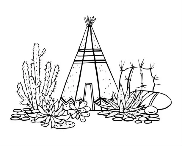 Vector illustration of Native American indians traditional wigwam, succulents and cactuses. Vector hand drawn outline doodle sketch illustration