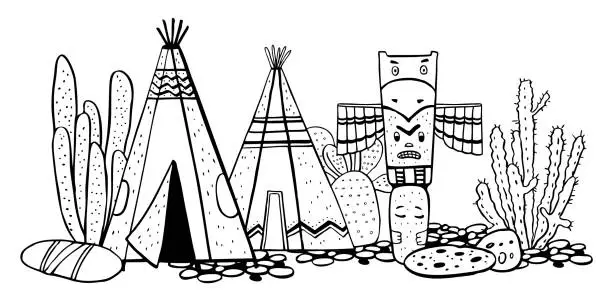 Vector illustration of Native American indians traditional village. Two wigwams, totem pole and cactuses. Vector hand drawn outline doodle sketch illustration