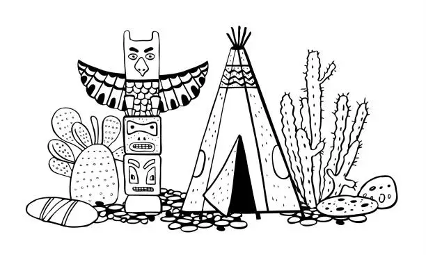 Vector illustration of Native American indians traditional settlement. Tipi, totem pole and cactuses. Vector hand drawn outline doodle sketch illustration