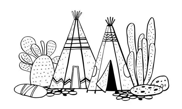 Vector illustration of Native American indians traditional village. Two wigwams and cactuses. Vector hand drawn outline doodle sketch illustration