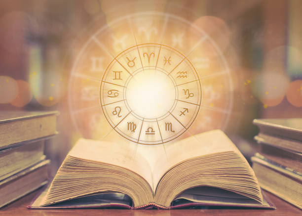 istock Zodiac sign horoscope astrology and constellation study for foretell and fortune telling education course concept with horoscopic wheel over old book in school library 1162045679