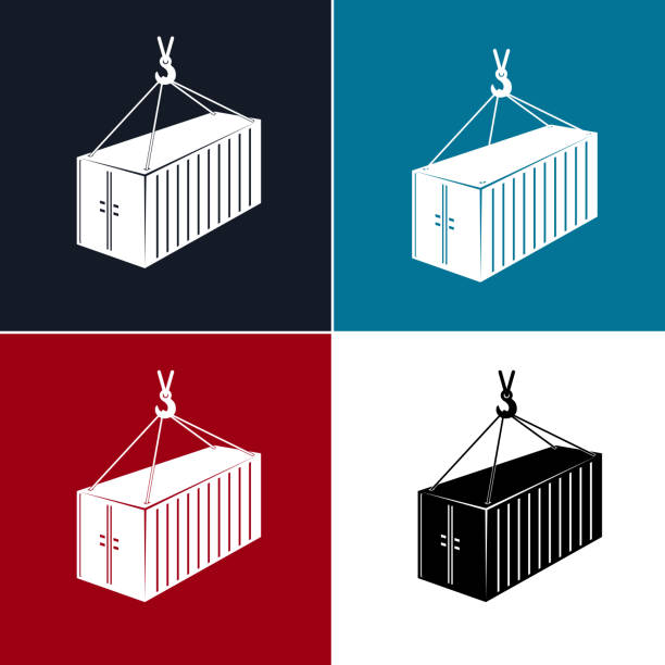 Silhouette Container with Crane Isolated Set of Silhouette Container with Crane Isolated on Colorful Background, Container Hanging on Crane Hook, Vector Illustration cargo container stock illustrations