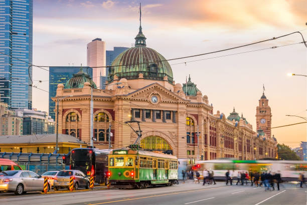 Melbourne Flinders Street Train Station in Australia Melbourne Flinders Street Train Station in Australia at sunset melbourne australia stock pictures, royalty-free photos & images
