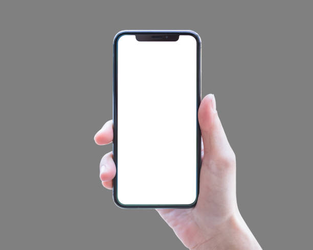 istock Smartphone in woman's hand isolated on grey background with blank white screen (clipping path)  for digital mobile smart phone mockup and template 1162046075