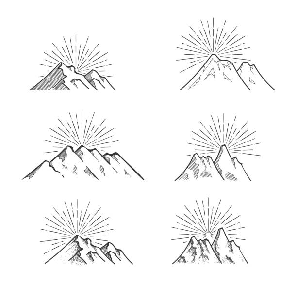 Hand drawn mountains vector illustration Hand drawn mountains with sun rays vector illustration mountain peak illustrations stock illustrations