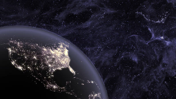 Planet Earth Night Lights over USA in a Fantasy Nebula Space Universe Digitally generated illustration in Adobe After Effects NASA Black Marble Images used for Earth https://blackmarble.gsfc.nasa.gov/ satellite view photos stock pictures, royalty-free photos & images