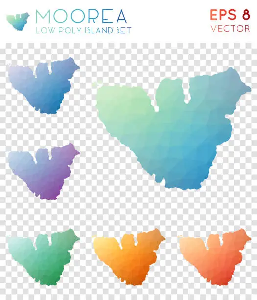 Vector illustration of Moorea geometric polygonal maps, mosaic style island collection.
