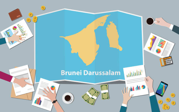 tim negara pertumbuhan negara brunei darussalam berdiskusi dengan tampilan peta lipat dari atas - brunei money ilustrasi stok