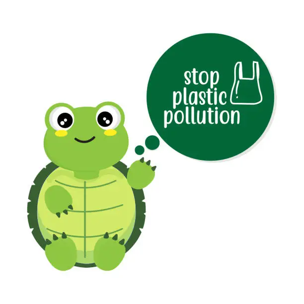 Vector illustration of Stop plastic pollution with cute turtle cartoon.