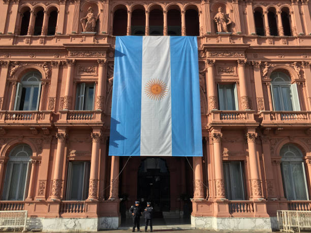 Buenos Aires, Argentina - Jun 3, 2025: Seat of the Presidency of the Senate in the Argentine National Congress, in Buenos Aires, flanked by a ceremonial flag