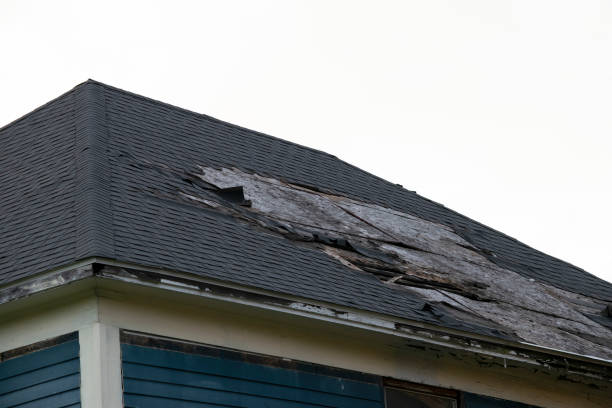 istock Damaged and old roofing shingles and gutter system on a house 1162064328